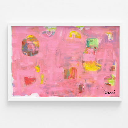 Kerri Rosenthal "Pinkaholic" art print in a white frame, featuring vibrant pinks, yellows, and abstract shapes.