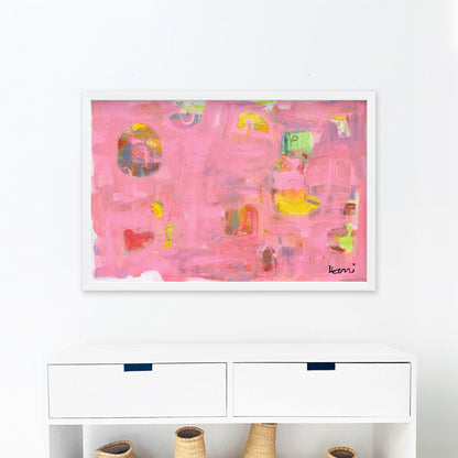 Pinkaholic Art Print by Kerri Rosenthal, abstract pink, yellow, and green painting in a white frame.