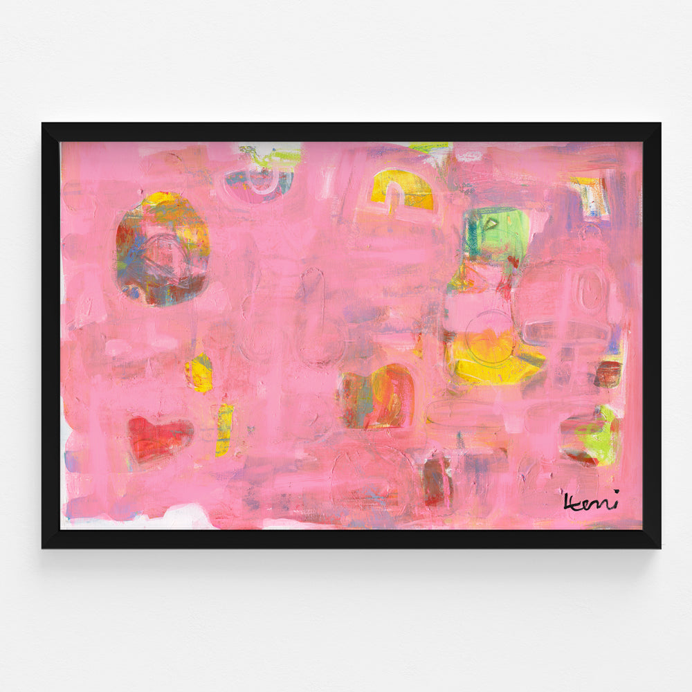 Kerri Rosenthal "Pinkaholic" abstract art print, vibrant pinks, yellows, and heart shapes in a black frame.
