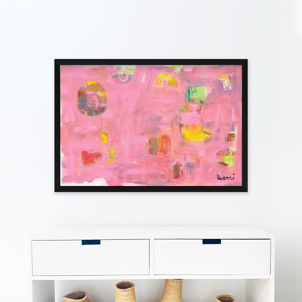 Kerri Rosenthal "Pinkaholic" abstract art print with vibrant pinks, yellows, and heart shapes in a black frame.