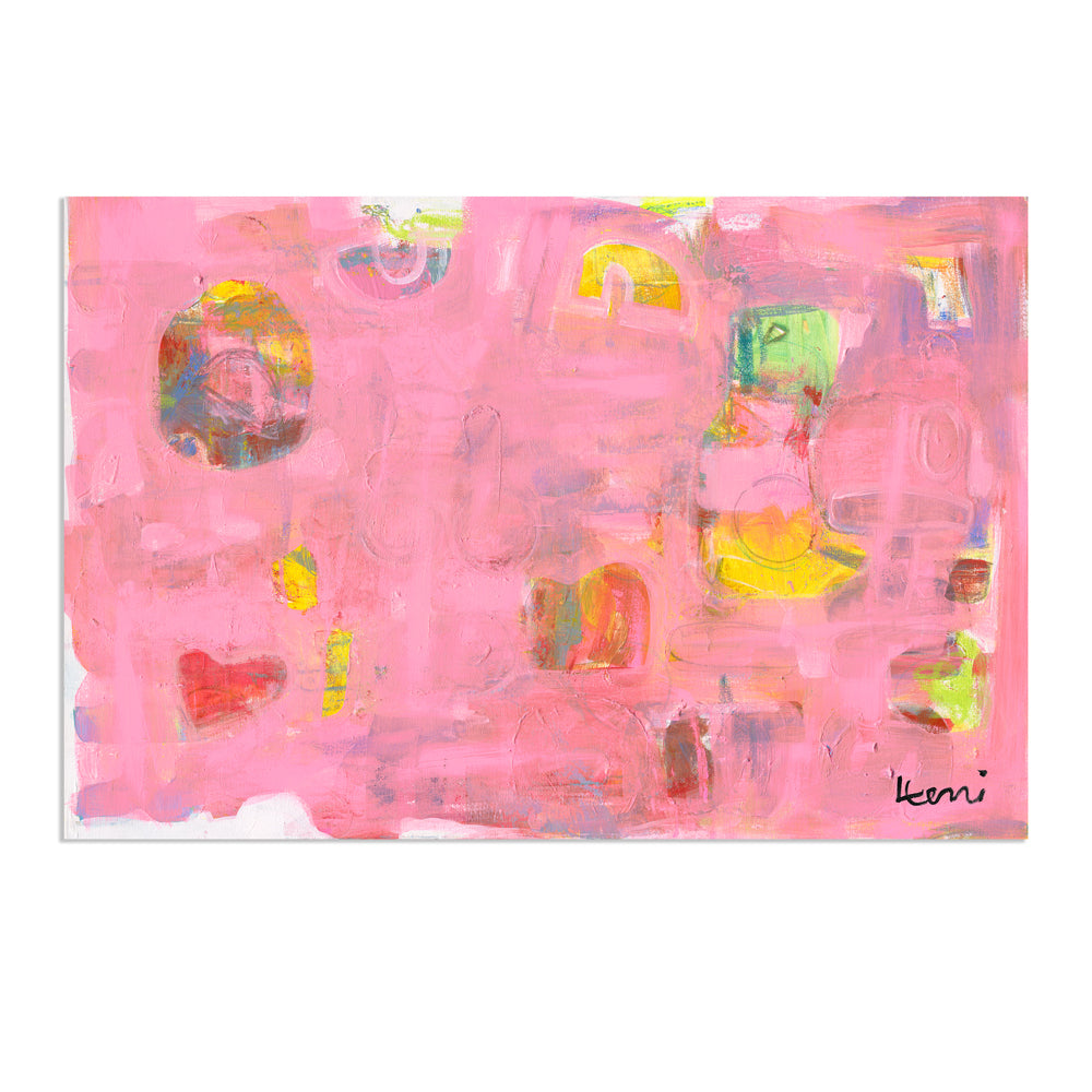 Pinkaholic abstract art print by Kerri Rosenthal, featuring vibrant pinks, yellows, and a red heart.
