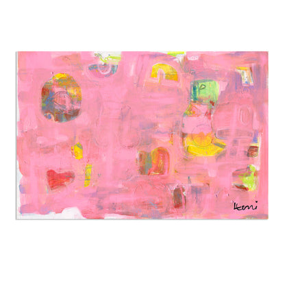 Pinkaholic abstract art print by Kerri Rosenthal, featuring vibrant pinks, yellows, and a red heart.