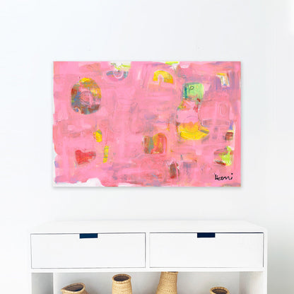 Pinkaholic Art Print by Kerri Rosenthal: Abstract painting with vibrant pinks, yellows, and heart shapes on white wall.