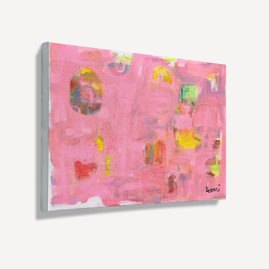 Pinkaholic abstract art print by Kerri Rosenthal, featuring vibrant pinks, yellows, and a red heart.