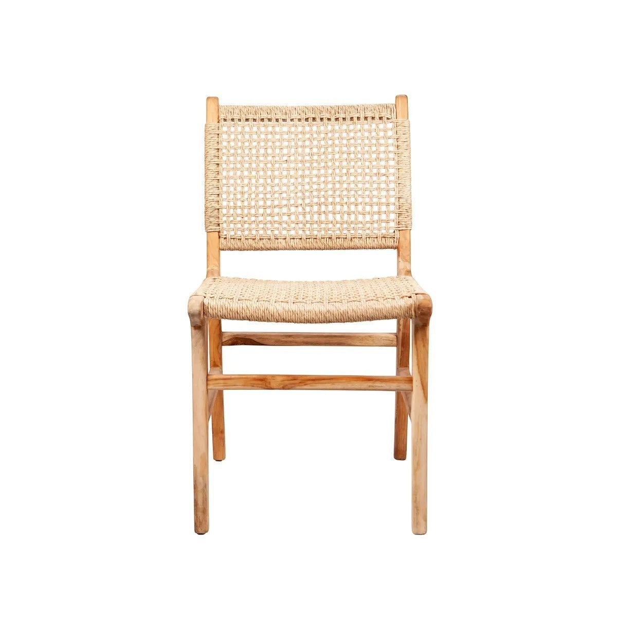 Playa Dining Chair with natural woven rattan seat and back, light wood frame.