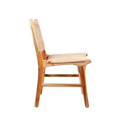 Playa Dining Chair, natural woven rattan seat and back with a light wood frame, side view.
