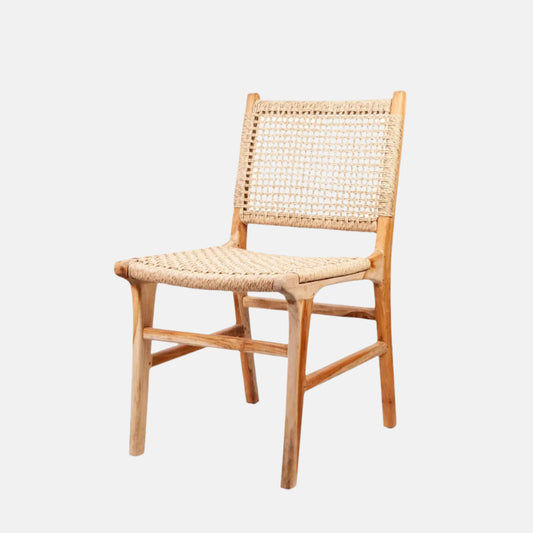 Playa Dining Chair with natural wood frame and woven rattan seat and back.