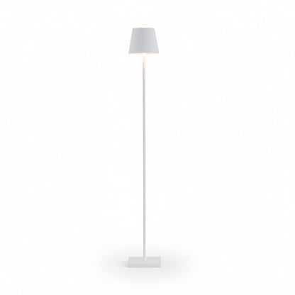 Poldina Pro white aluminum floor lamp with conical shade, integrated LED, and square base.