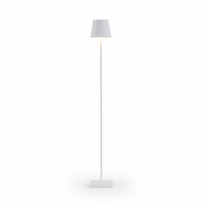 Poldina Pro white aluminum floor lamp with conical shade, integrated LED, and square base.