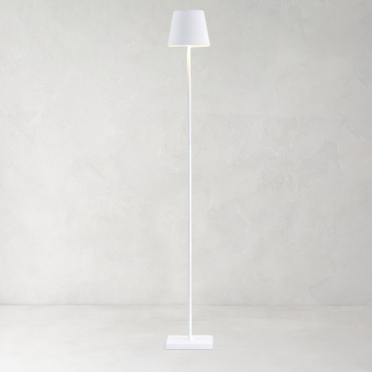 Poldina Pro White Floor Lamp, aluminum base, conical shade, integrated LED, adjustable height.