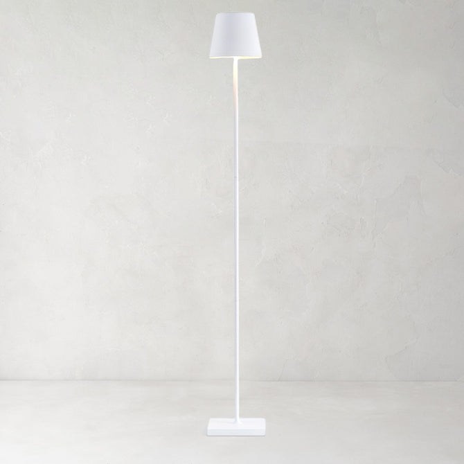 Poldina Pro White Floor Lamp, aluminum base, conical shade, integrated LED, adjustable height.