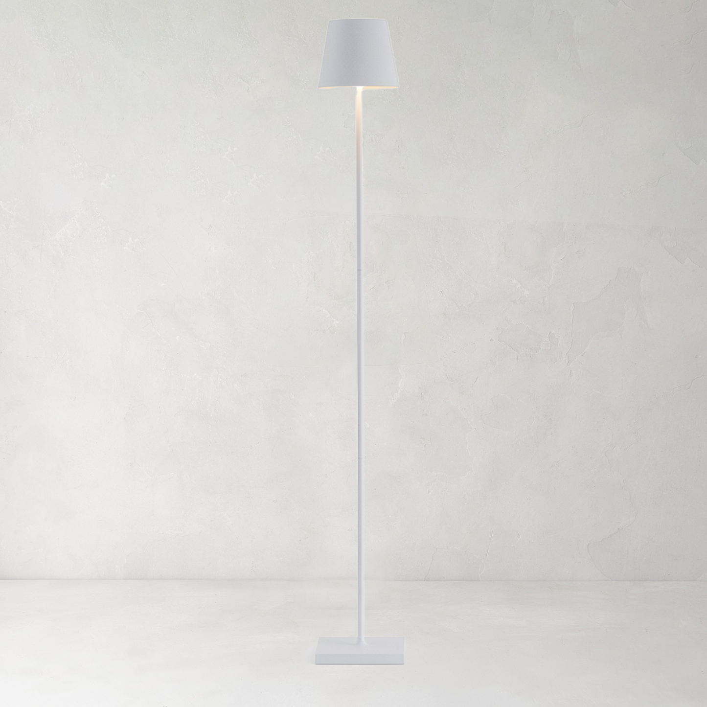 Poldina Pro White Floor Lamp, aluminum base, conical shade, integrated LED, adjustable height.