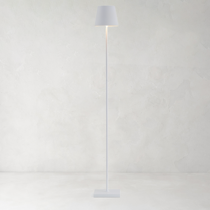 Poldina Pro White Floor Lamp, aluminum base, conical shade, integrated LED, adjustable height.