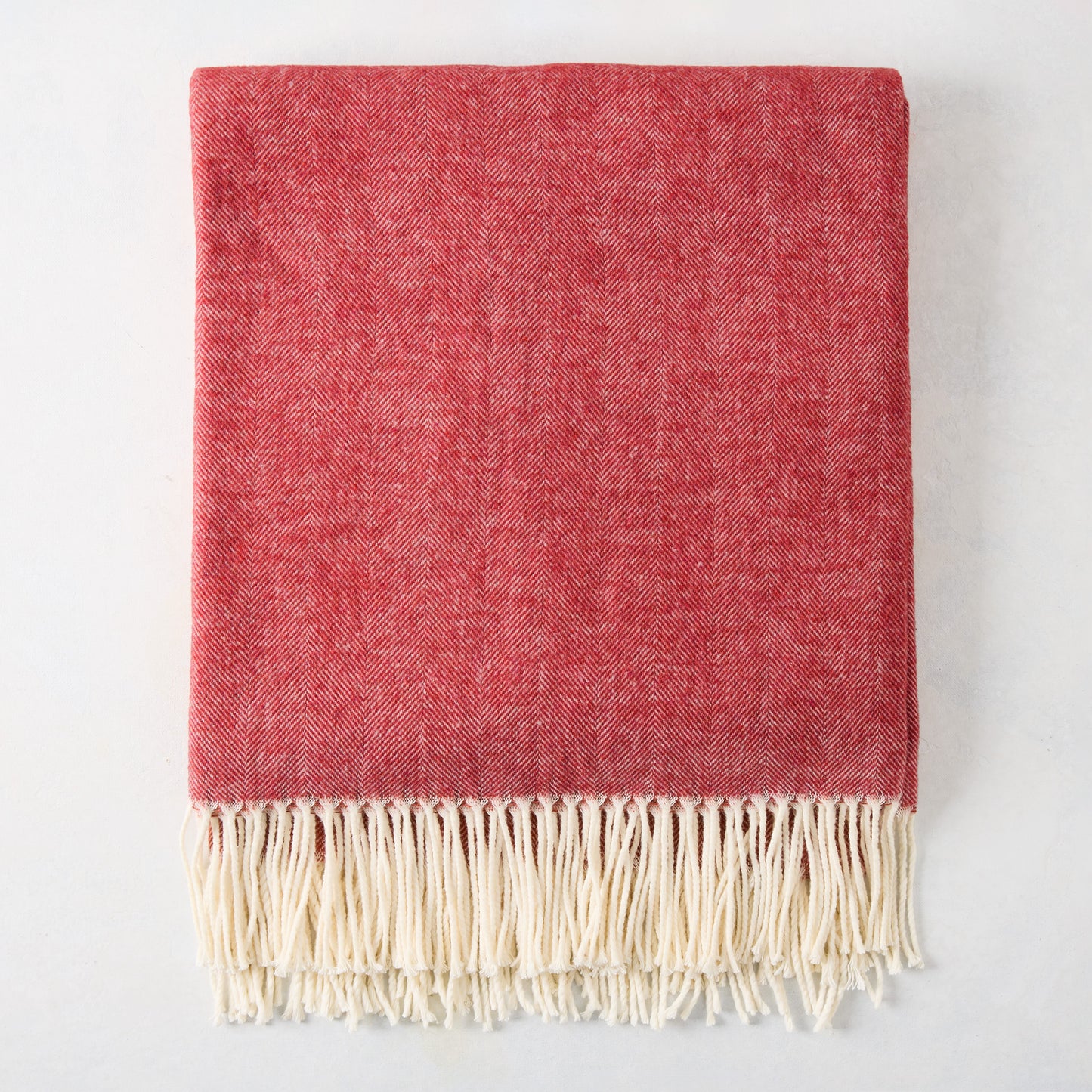 Poppy Red Italian Herringbone Throw Blanket, 51"x67", with cream fringe.