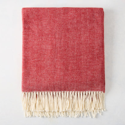 Poppy Red Italian Herringbone Throw Blanket, 51"x67", with cream fringe.