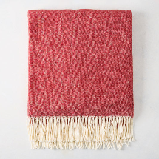 Poppy Red Italian Herringbone Throw Blanket, 51"x67", with cream fringe.