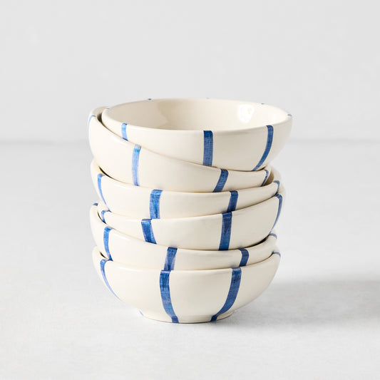 Stack of five Portofino Blue Stripe ceramic dipping bowls, 3.54"Dia, with hand-painted vertical blue stripes.