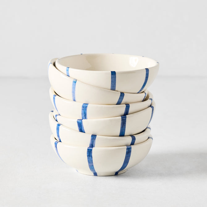 Stack of five Portofino Blue Stripe ceramic dipping bowls, 3.54"Dia, with hand-painted vertical blue stripes.