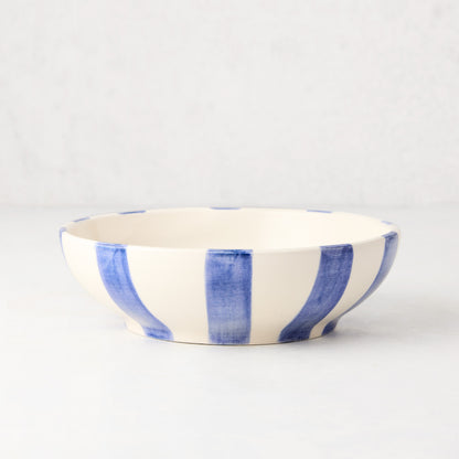 Portofino Blue Stripe Ceramic Stoneware Bowl, medium, with hand-painted blue vertical stripes on cream.