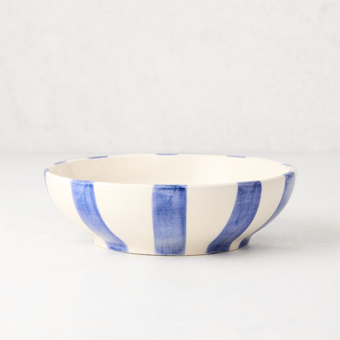 Portofino Blue Stripe Ceramic Stoneware Bowl, medium, with hand-painted blue vertical stripes on cream.