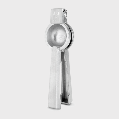 Professional silver aluminum citrus juicer, 9''H x 3''W, with polished finish.