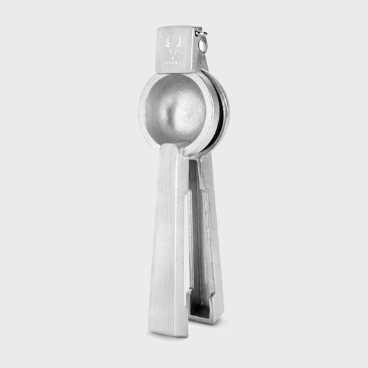 Professional silver aluminum citrus juicer, 9''H x 3''W, with polished finish.