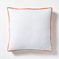 White Belgian Linen 22" square pillow with pumpkin orange velvet gusseted trim.
