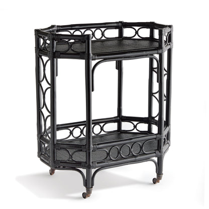 Raelyn black rattan bar cart with two shelves, dark wood, and smooth-rolling casters.