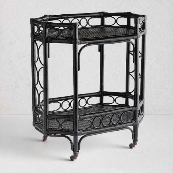 Hudson bar cart 木製ラック キャスター付 Raelyn Black Rattan Bar Cart - Hudson Grace