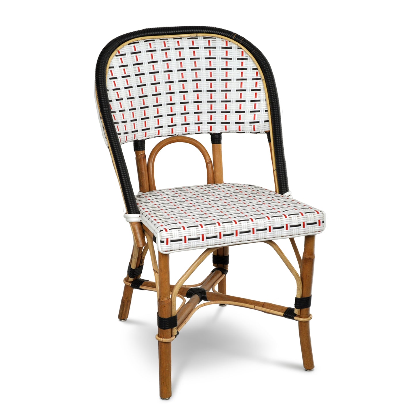 Rattan bistro chair with natural frame, black trim, and woven white, black, red pattern on seat and back.