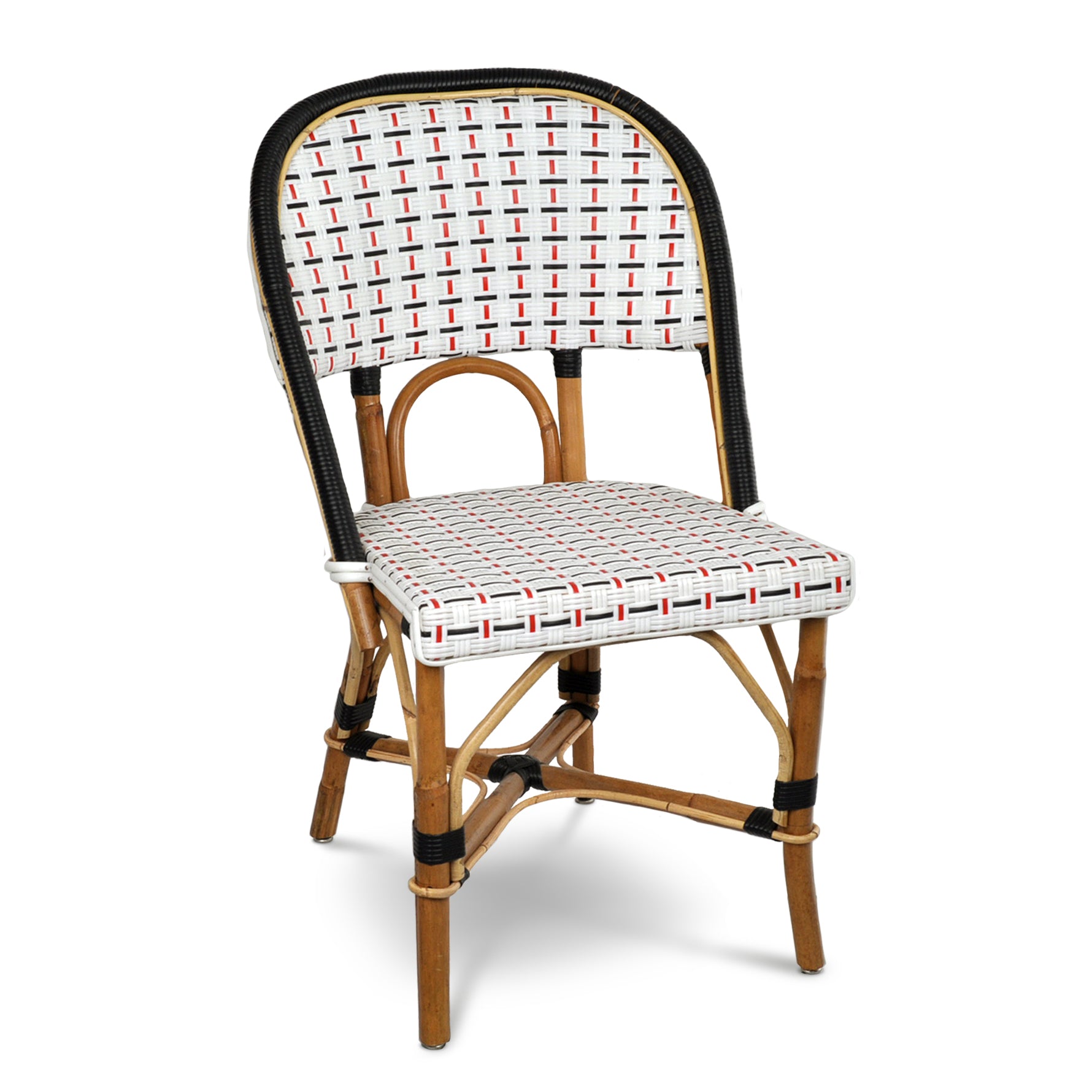 Rattan bistro chair with natural frame, black trim, and woven white, black, red pattern on seat and back.