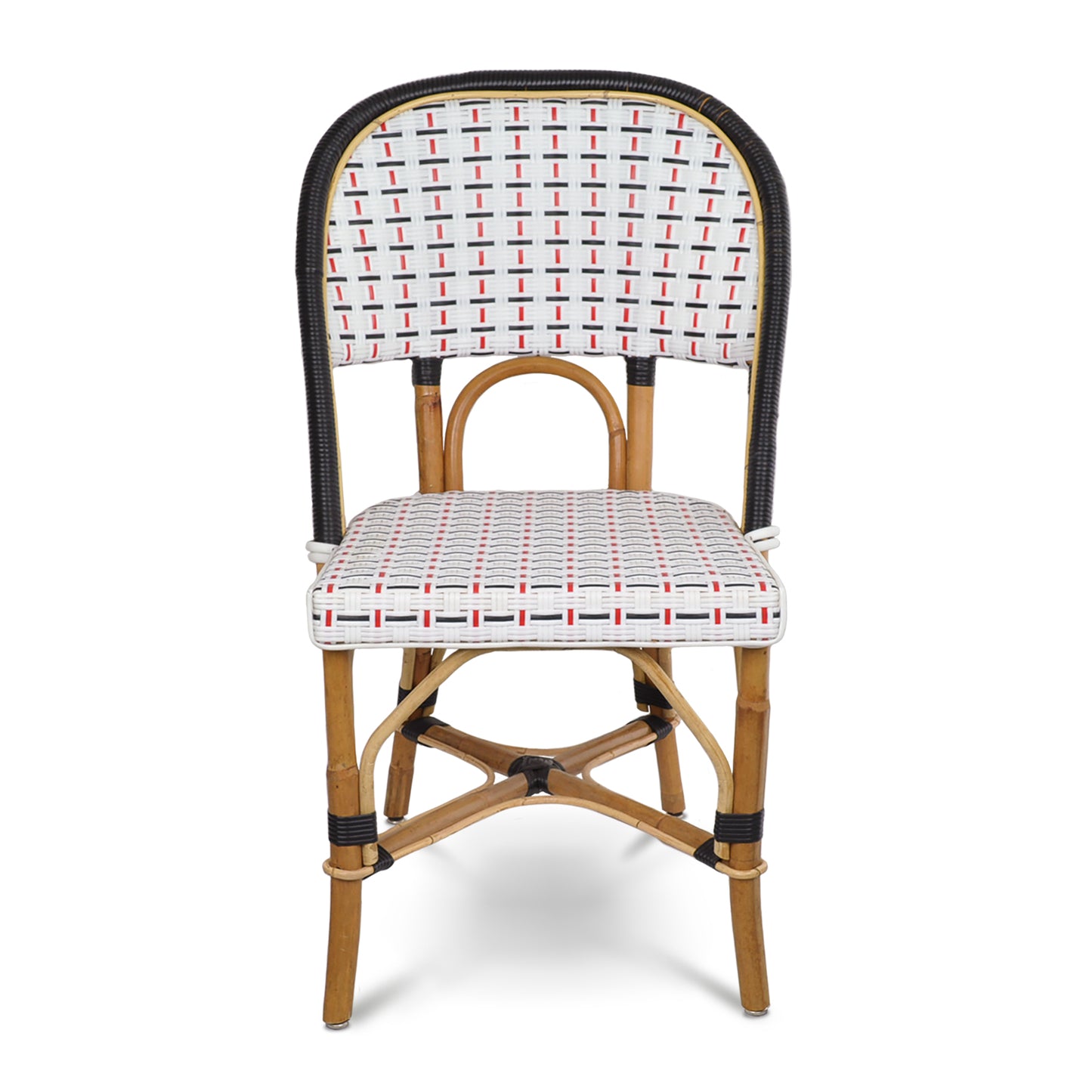 Rattan bistro chair with natural frame, black trim, and woven white, black, red pattern on seat and back.
