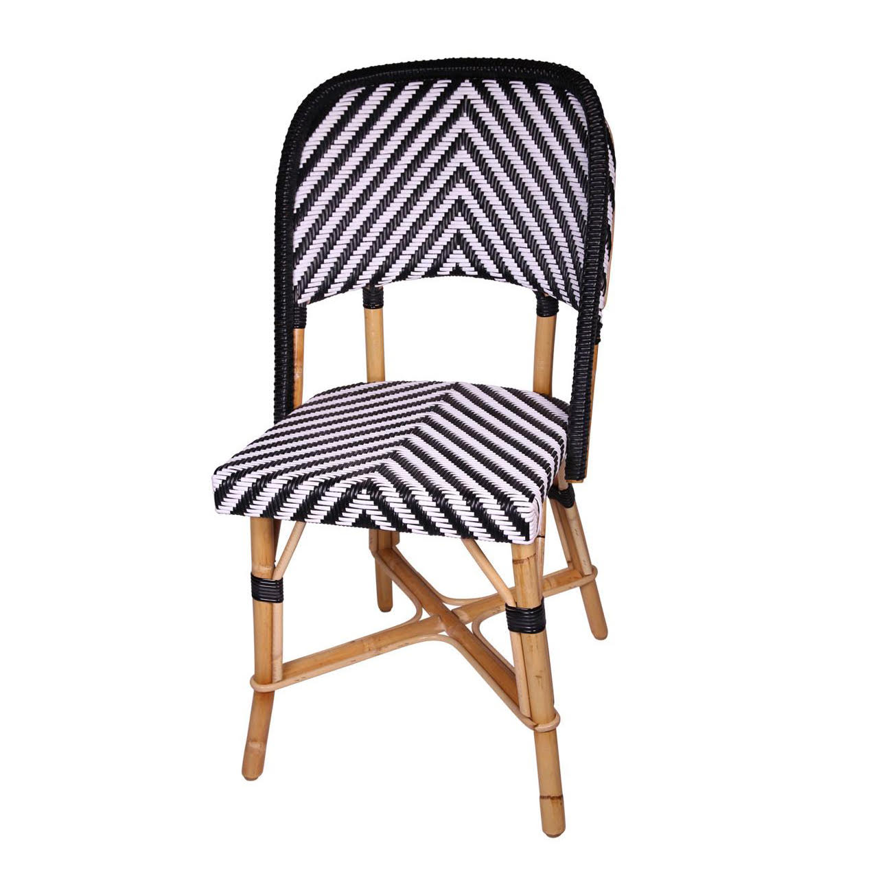 Rattan Chambord Black Chevron Bistro Chair with black and white woven rattan, chevron pattern, and wooden frame.