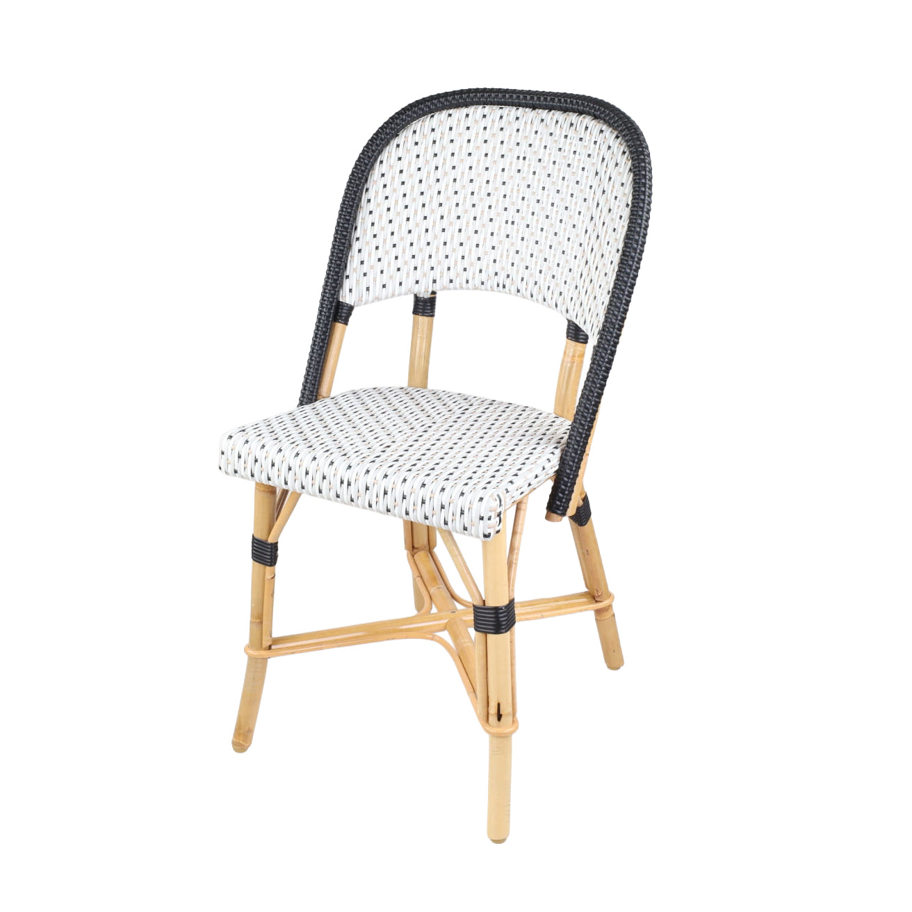 Rattan Chambord Black Polka Dot Bistro Chair with woven black and white rattan and natural wood frame.