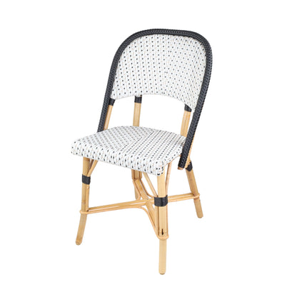 Rattan Chambord Black Polka Dot Bistro Chair with woven black and white rattan and natural wood frame.