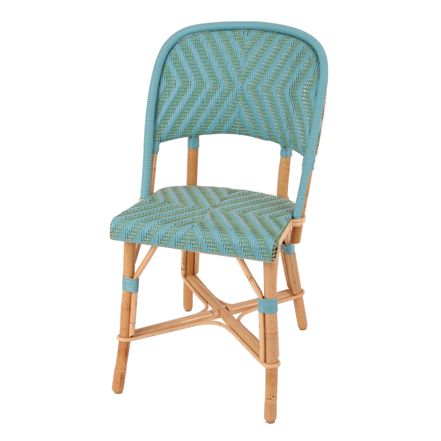 Rattan Chambord Blue and Green Bistro Chair with chevron woven rattan and wooden frame.