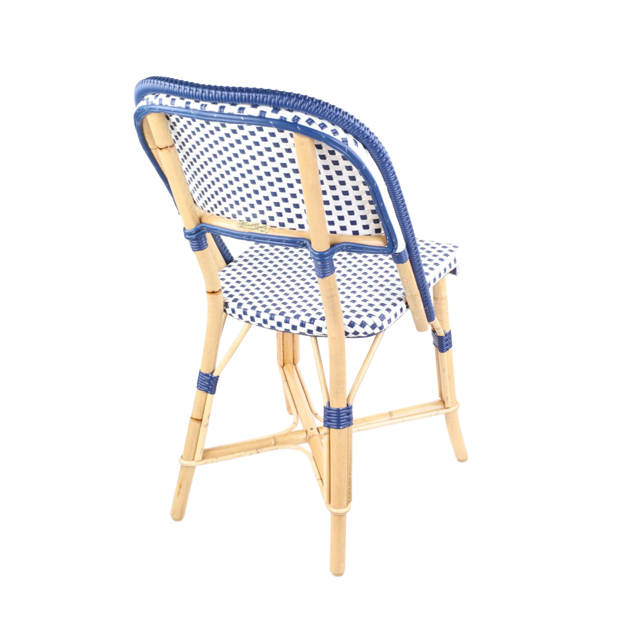 Rattan Chambord Blue Polka Dot Bistro Chair with blue and white woven rattan and a blue border.