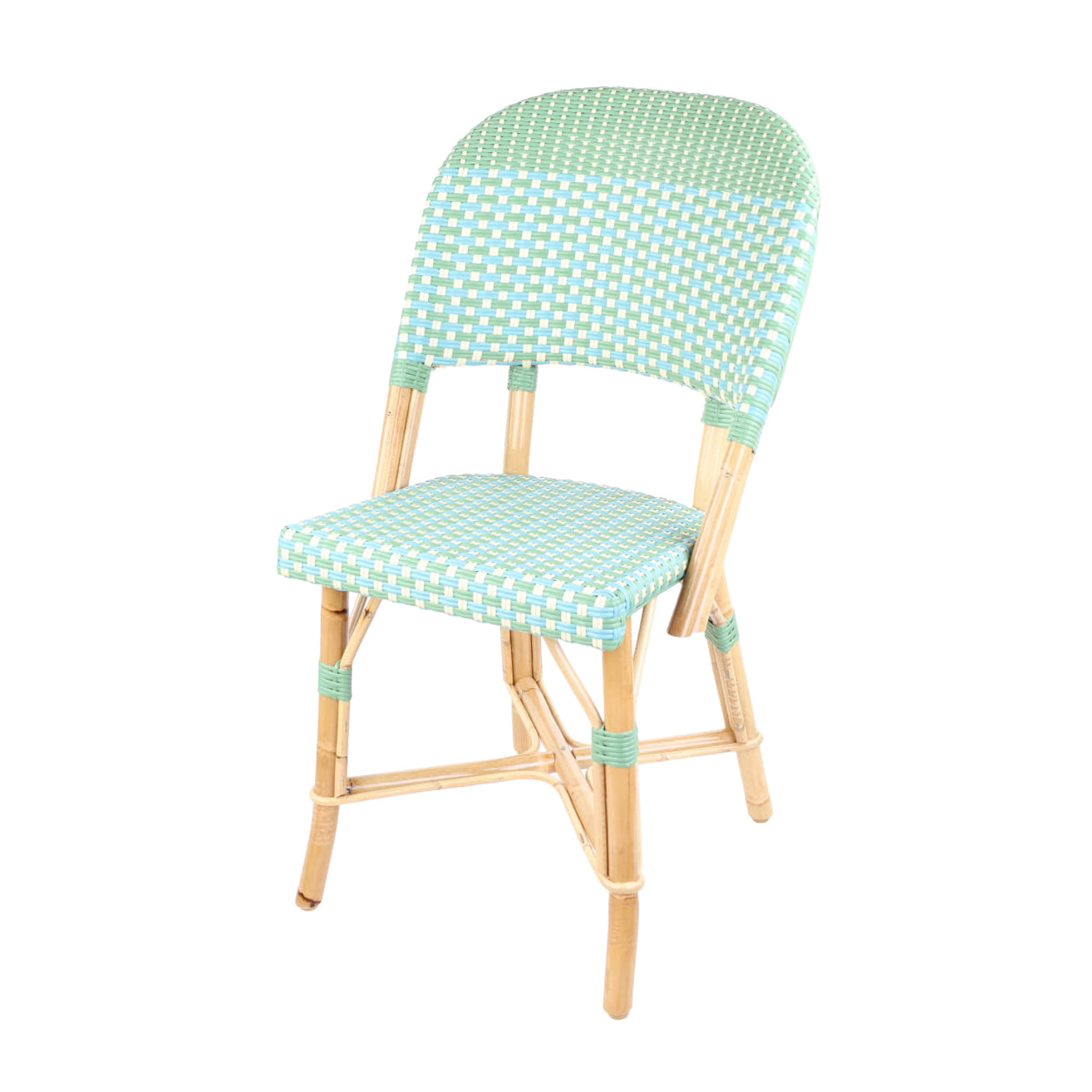 Rattan Chenonceau Blue and Green Bistro Chair with woven rattan and wooden frame.