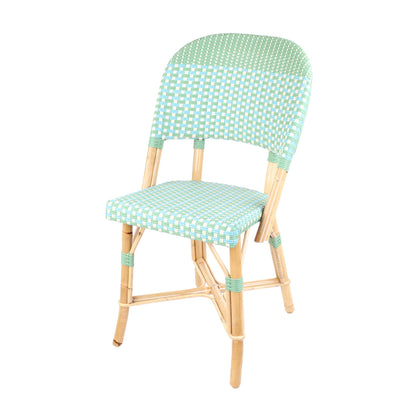Rattan Chenonceau Blue and Green Bistro Chair with woven rattan and wooden frame.