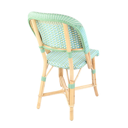 Rattan Chenonceau Blue and Green Bistro Chair with woven rattan and wooden frame.