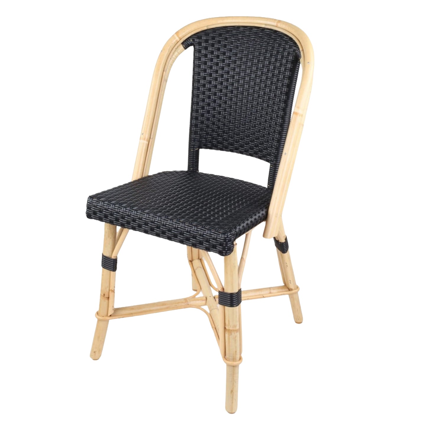 Rattan Fouquets Black Bistro Chair with natural wood frame and black woven rattan seat and back.