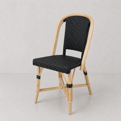 Rattan Fouquets Black Bistro Chair with woven black rattan seat and back, natural wooden frame.