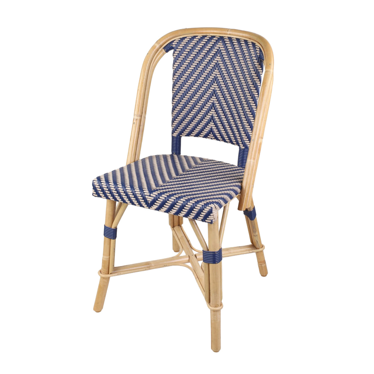 Rattan Fouquets Bistro Chair with natural wood frame and blue and white chevron woven rattan seat and back.