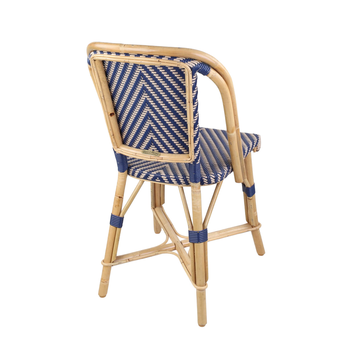Rattan Fouquets Blue Chevron Bistro Chair with natural wood frame and blue and white woven chevron pattern.