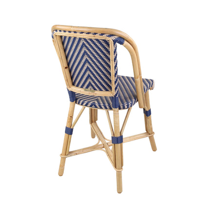 Rattan Fouquets Blue Chevron Bistro Chair with natural wood frame and blue and white woven chevron pattern.