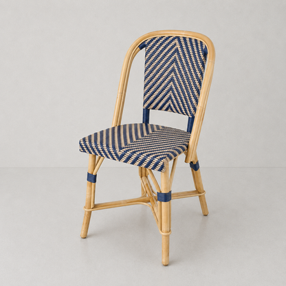 Rattan Fouquets Blue Chevron Bistro Chair with natural wood frame and blue and white woven chevron pattern.