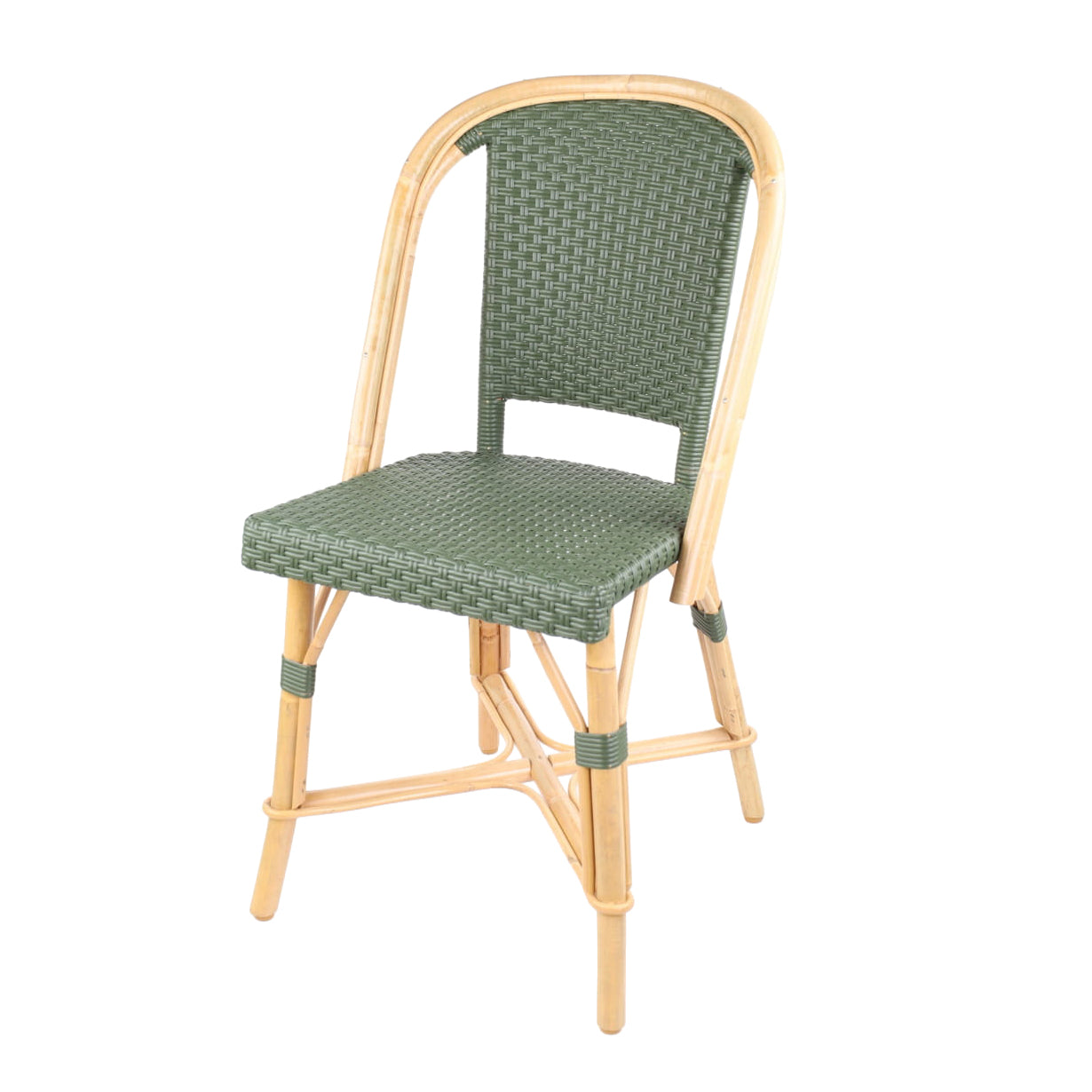 Rattan Fouquets Olive Green Bistro Chair with woven olive green rattan seat and back, and natural wooden frame.
