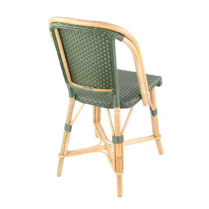 Rattan Fouquets Olive Green Bistro Chair with woven rattan seat and back, and natural wooden frame.