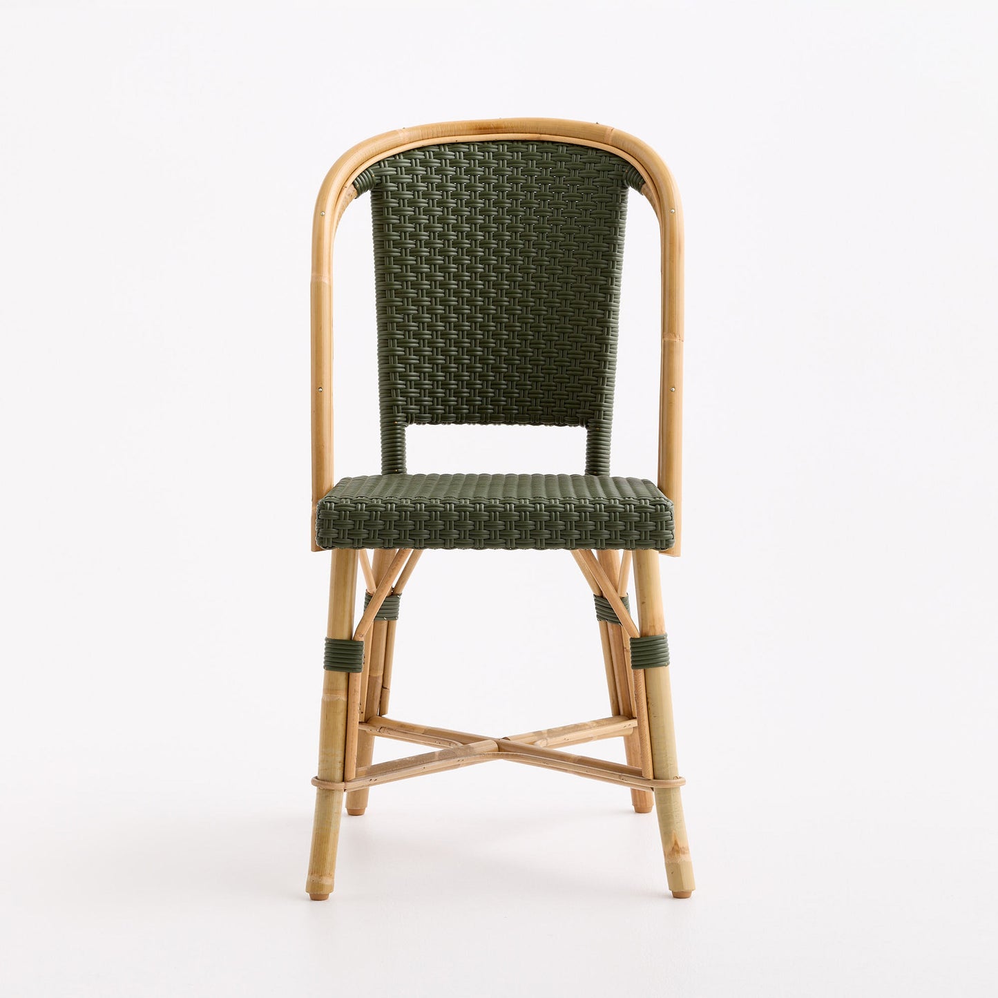 Olive green woven rattan bistro chair with a natural wooden frame and classic Parisian cafe design.
