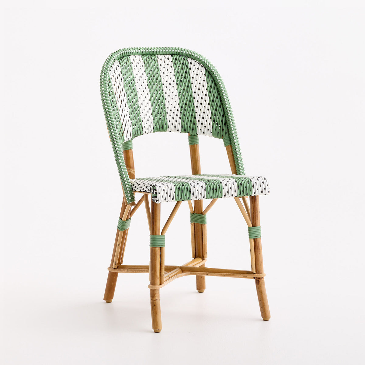 French bistro chair with green and white chevron woven rattan seat and backrest on a natural wood frame.